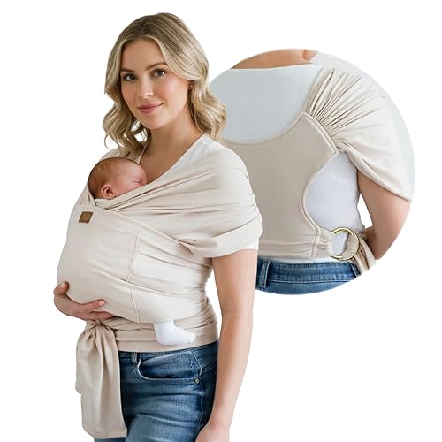 Stylish Beige & Gold Baby Carrier Wrap: Comfortable, Soft & Supportive, Adjustable Ring Sling for Mom & Dad, Ideal for Baby Registry, Newborn to Toddler, Baby Shower