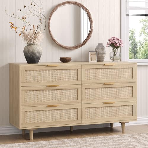 51" Rattan Dresser for Bedroom, 6 Drawer Wide Dresser, Boho&Farmhouse Chest of Drawers, Clothes Storage Cabinet, Metal Handle&Wood Legs for Hallway, Living Room, Bedroom, Wood