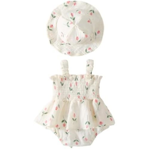 Mubineo Baby Girl Clothes Summer Dress Cotton Linen Romper Sleeveless Smocked Rompers Sun Dress Hat Skirt Boho Outfits