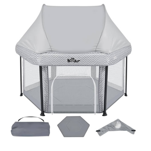 Bear Baby Playpen, Outdoor Play Yard Foldable Playpen with Canopy Mat for Toddlers, Portable Indoor Activity Fence Pack and Play