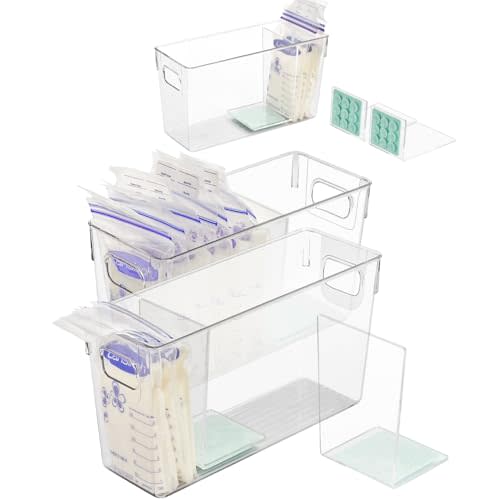 Breastmilk Storage Container with L Shaped Separator Boards, Dividers Will Flatten Standing Breast Milk Bags in Organizer Bins Save Refrigerator Space | 2 Containers Plus 4 Green Removable Dividers