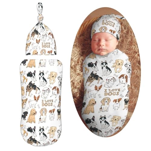 Muishi Cute Puppy Dog Newborn Swaddle Blankets Hat Sets Soft Baby Receiving Blanket Swaddle Sack for Baby Shower Infant Boy Girl Gift