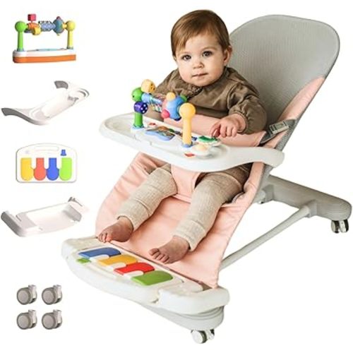 CuddoBaby Baby Bouncer 4-in-1 with Wheels, Detachable Piano, Feeding Tray, Play Bar, Thick Base. 3-Level Incline Portable Seat for Infant to Toddler 0-6, 0-12, 12-24 Months, Upto 29Lbs - Blue