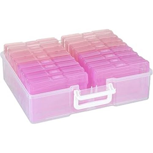 4" x 6" Plastic Photo Storage Case with 16 Inner Photo Containers Boxes Greeting Cards Containers Boxes Storage, Seed Storage Perfect for Storing Pictures,Photos and Cards (Pink)