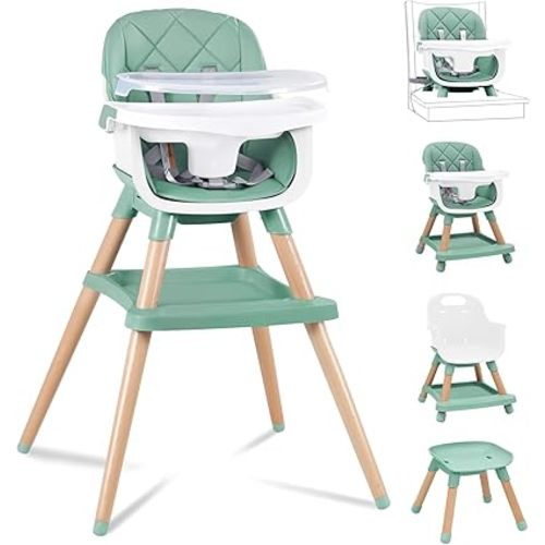 Babyliebe Baby High Chair, 8 in 1 Convertible Wooden High Chair for Babies and Toddlers, Converts to Booster Seat, Toddler Chair & Stool, with Removable Double Tray, Adjustable Legs & Footrest (Green)