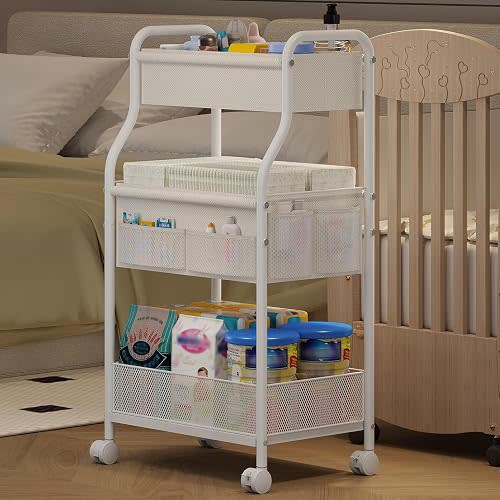 3-Tier Diaper Caddy Organizer & Rolling Cart,Metal Utility Cart with 4+2 Dividers & Lockable Silent Casters, Mobile Storage Cart for Nursery Essentials, Multi-Purpose for Kidsroom Changing Table