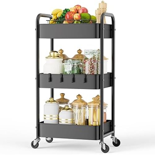 LEHOM 3 Tier Rolling Utility Cart, Metal Trolley Cart with Wheels, Hooks, Easy Assembly Organizer Storage Cart for Bathroom, Kitchen, Office, Bedroom(Black)