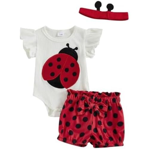 Tempura 3 6 9 12 18M Baby Girl Bee Ladybug Embroidery Round Neck Romper Top Shorts Headband 3Pcs Clothes Set