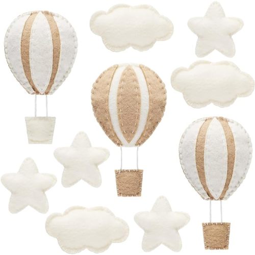Poen 10 Pcs Star Hot Air Balloon and Cloud Nursery Wall Decor for Bedroom - Mini Felt Clouds Stars Western Decor for Kids Baby Room (Khaki)