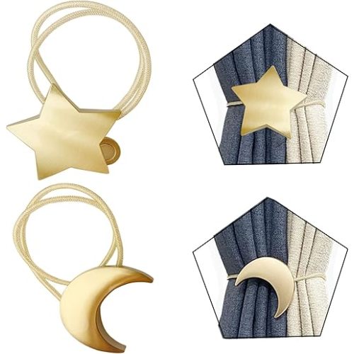 Magnetic Curtain Tiebacks Clips Decorative Rope Holdbacks 1 Pair Gold Moon and Star Shape Window Curtain Drape Tie Backs for Window Draperies Hold, Bedroom Home Décor (1pc Moon +1pc Star)