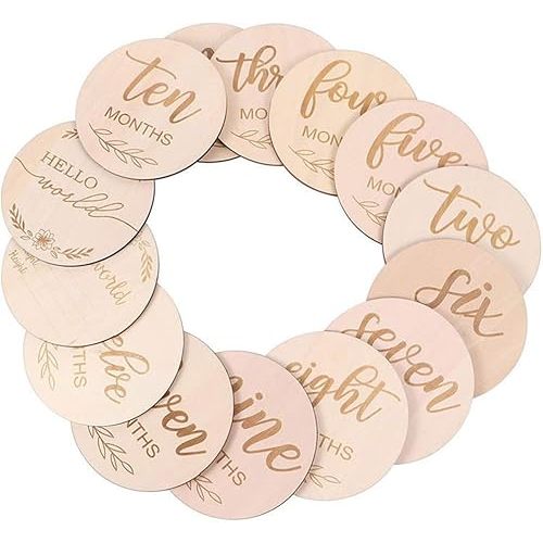 12 Packs Wooden Baby Monthly Milestone Cards, Baby Monthly Milestones for Newborn Baby Gifts,1-12 Months Wooden Discs with Baby Announcement Sign, Pregnancy Baby Shower Gifts for Christmas New Year