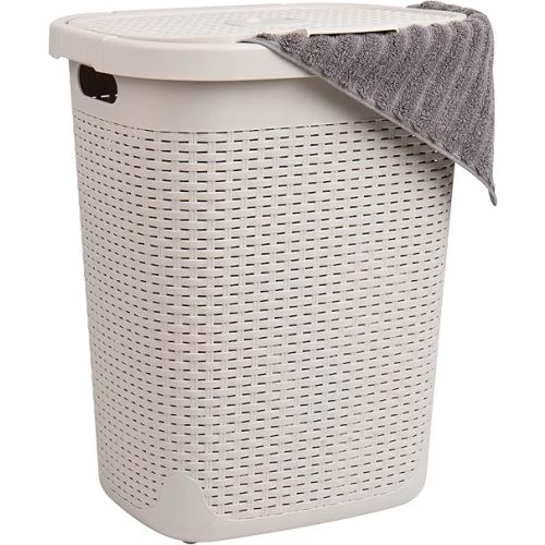 Mind Reader Slim Laundry Hamper with Lid, 50L Clothes Basket, Premium Wicker Design, Plastic, Ivory