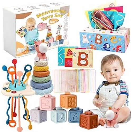 FEBALHS Montessori Baby Toys for 6+ Month Old, 4 in 1 Toys with Baby Stacking Toys, Sensory Toys, Pull String Toys for Boy Girl Infant Toddler Gifts