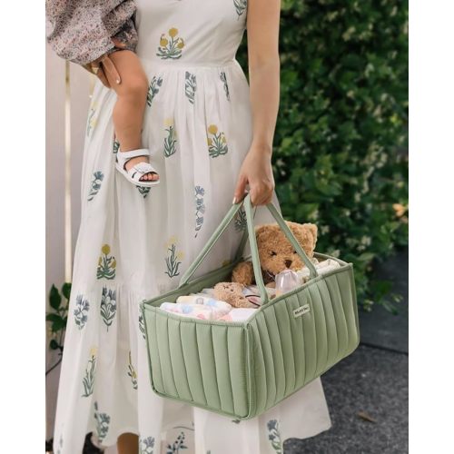 Blissful Diary Baby Diaper Caddy Organizer, Stylish Nursery Storage Basket - Gift for Baby Shower, Baby Registry Must Have, Newborn Essentials - Baby Caddy Organizer for Diaper Station - Sage Green