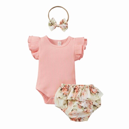 Otqutp Birthday Outfits for Toddler Baby Girls Fly Sleeve Round Neck Striped Print Solid Color Romper Floral Pattern Shorts + Bow Hairband Summer Outfits