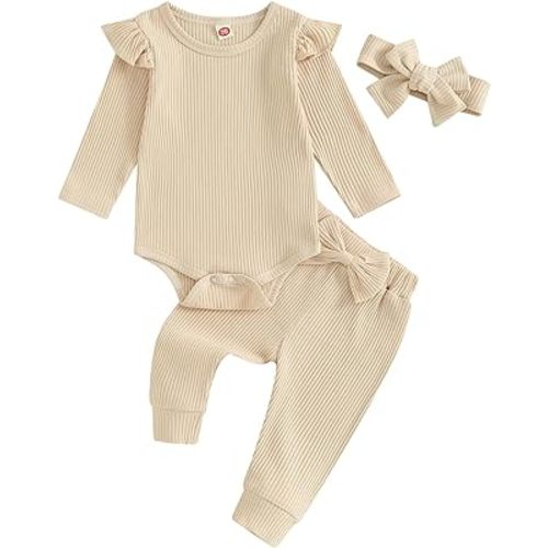 Newborn Baby Girl Clothes Fall Winter Ribbed Knit Outfit Long Sleeve Romper Bodysuit Bow Pants Headband Set
