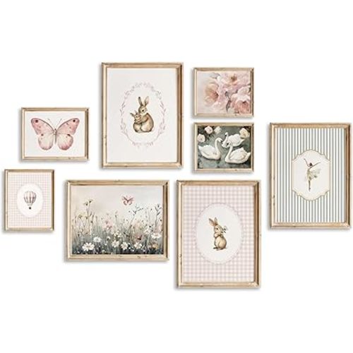 Pink Nursery Wall Art Vintage Style Baby Girls Room Canvas Wall Decor Cute Rabbit Bunny Swan Poster Pink Butterfly Prints Pastel Floral Painting Artwork for Toddler Girls Bedroom 8x10x8 In Unframed