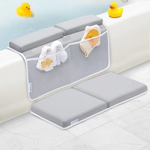 Bath Kneeler and Elbow Rest Pad, 1.75 inch Extra Thick Baby Bath Kneeling Pad and Elbow Pad for Bathtub. Bath Tub Elbow Pad with Infant Toy and Baby Accessories Organizer, Grey