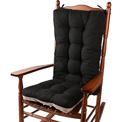 18 in Jumbo Rocking Chair Cushions with Ties,Non-Slip Durable Linen Pads Thick Padding and Tufted Design for Living Room Rocker (Black, Set of Seat & Back Cushion)