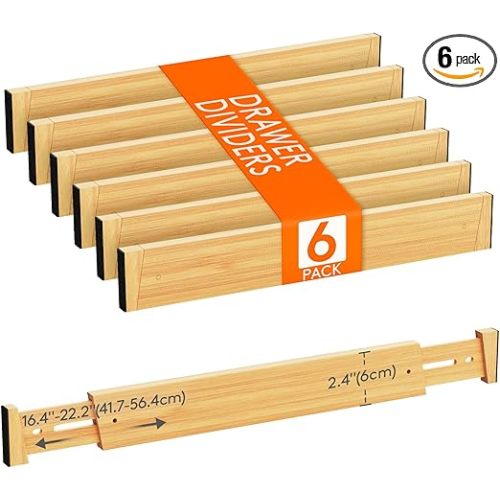 Lifewit 6 Pack Drawer Dividers Bamboo 2.4" High, 16-22" Adjustable Drawer Organizers for Clothes, Wooden Dresser Separators in Bedroom/Bathroom/Kitchen/Fridge/Office Organization and Storage
