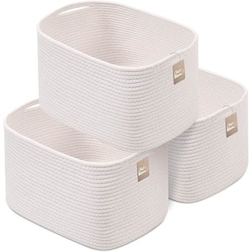 CHAT BLANC Cotton Rope Baskets for Organizing | Storage Baskets for Shelves | Rope Basket for Storage, Small Laundry Baskets, Woven Baskets for Storage, Dog Toy Bin, Baby Basket, Creamy White 3 Pack