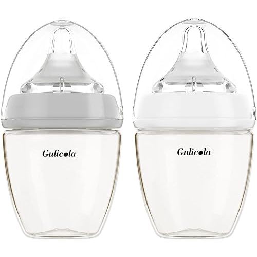 Gulicola PPSU Newborn Baby Bottles for Breastfeeding Babies, Anti-Colic, Slow Flow, 0 Months+, 3 oz, 2 Count (Grey White)