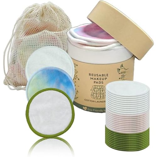 30 Pack Reusable Makeup Remover Pads with Laundry Bag and Round Box, Eco-Friendly and Suitable for All Skin Types, Washable Bamboo Reusable Cotton Rounds for Face White/Green/Colourful