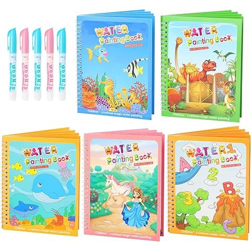 5 Pack Reusable Water Coloring Book for Toddlers, Water Doodle Book Toys, Paint with Water Books,Mess-Free Coloring Book, Portable Educational Doodle Drawing Toy, Educational Learning Kits Gifts