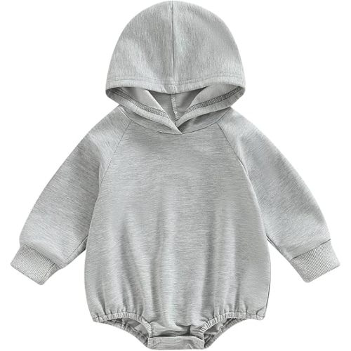 Thorn Tree Newborn Baby Boys Hooded Sweatshirt Long Sleeve Solid Romper Infant Baby Fall Winter Spring Outfits - Gray - 12-18 Months