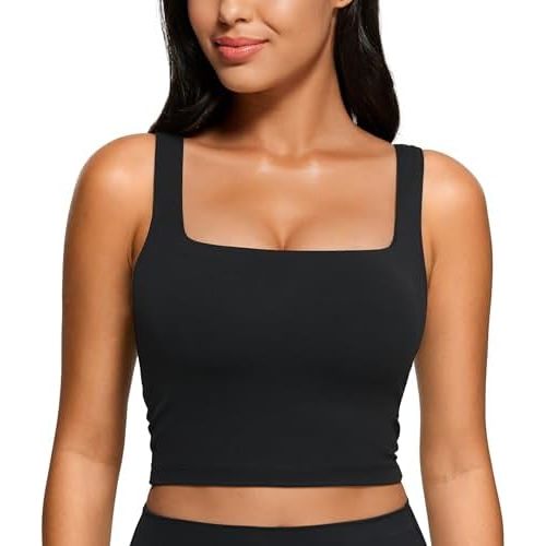 CRZ YOGA Butterluxe Womens Square Neck Longline Sports Bra - Workout Crop Tank Tops Padded Yoga Camisole with Built in Pads