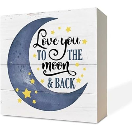 Inspirational Wood Signs, Nursery Decor, Wooden Box Sign Desk Decor, Table Decor, Star Moon Sign, Table Decorations for Kids Room Baby Room Bedroom, Family Love Sign, Love You to the Moon and Back