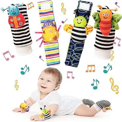 4Pcs Baby Wrist Rattles & Foot Finders Sock,Newborn Hand and Foot Rattles Suitable Toy for Babies,Educational Development Infant Toys,Infant Rattle Socks for 0-12 Months boy/Girl Gift…
