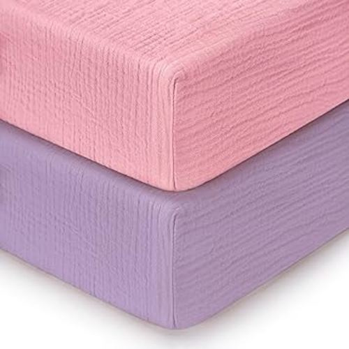 Pro Goleem 2 Pack Muslin Crib Sheets for Girls, Soft Breathable Fitted Cotton Baby Bed Sheets Set for Standard Crib Mattress & Toddler Mattress 52"x28", (Pink&Purple)
