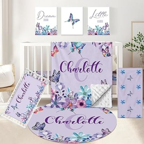 Personalized 5-Piece Crib Set, Custom Bedding With Name for Girls, Purple Butterfly Nursery Set, Gifts for Infants, Toddlers, New Parents