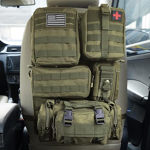 Universal Tactical Car Seat Back Organizer Bag Tactical Molle Vehicle Organizers Panel Vehicle Protector Organizers with 5 Detachable Pouches for Car Truck Ford Jeep Vehicle (Military green)