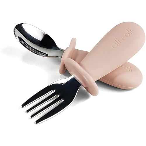 Ali+Oli Spoon & Fork Learning Set for Toddlers (Powder Pink) 6m+ Grab Easy BPA Free Food-Grade Silicone Handle, Kids Silverware Self Feeding Baby Utensil, Multi-stage Baby Feeding Set Ergonomic Design