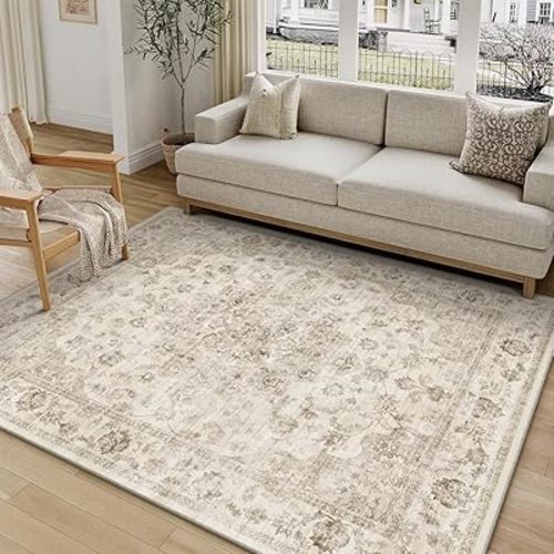 5x7 Washable Neutral Area Rug Beige Floral Living Room Bedroom Carpet Non-Slip Low Pile Vintage Soft Thin Throw Rug for Dining Room Entryway Dorm Office Kitchen Bathroom