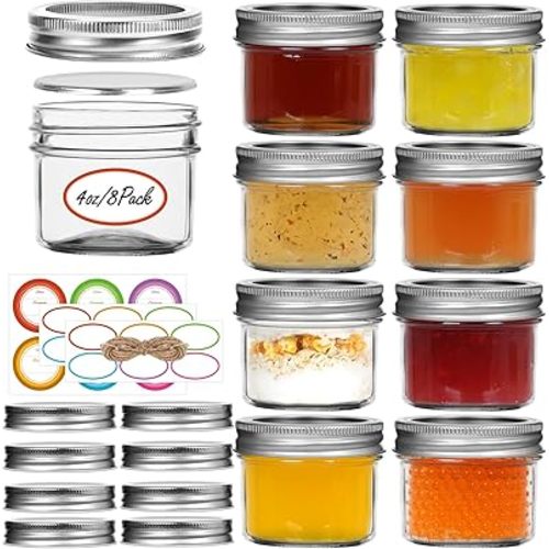 Small Mason Jars, 8 Pack 4oz Glass Mason Jar with Regular Lids, Mini Canning Jar, Ideal for Jelly, Jam, Honey, Dessert, Spice, Wedding Favor, Candles