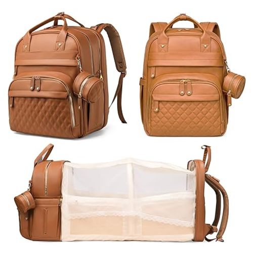 Diaper Bag with Changing Station, Waterproof 3 in 1 Diaper Backpack with Foldable Changing Pad, Large Travel Backpack for Mom & Dad, Shower Gift for Baby Girl & Boy, Brown