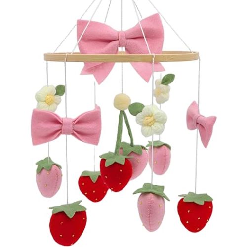 Strawberry Mobile for Crib Handmade Felt Bow Nursery Decor Crib Mobile Bow Strawberry for Bassinet Baby Shower Newborn Baby Gift (Bow Strawberry)