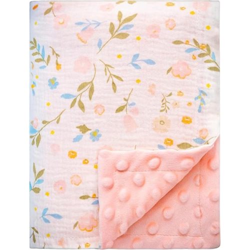 Muslin Minky Baby Blankets for Girls, 40"x30" Plush Baby Blanket, Fleece BabyBlanket, 100% Cotton Soft BabyBlanket, Oeko-TEX (Flower + Pink Fleece Blanket)