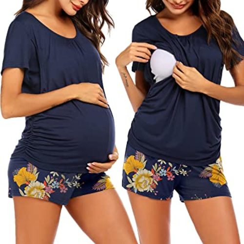 Ekouaer Women's Maternity Nursing Pajamas Set Breastfeeding Sleepwear Double Layer Short Sleeve Top & Shorts Pregnancy PJS