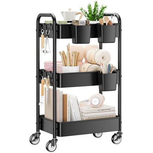 YASONIC 3 Tier Rolling Cart - Metal Utility Cart with Wheels, Hanging Cups, Hooks, Heavy Duty Mesh Rolling Storage Cart Organizer, Craft Cart for Kitchen Office, Lightweight and Sturdy