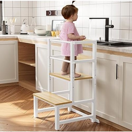 Kitchen Step Stool for Toddlers, Height Adjustable Toddler Tower with Safety Rail, Steel and Wood Toddler Kitchen Stool Helper Kids, Kitchen Stool for Kids, Learning Tower, Toddler Stool Wood White