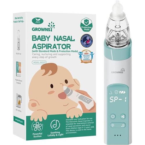 GROWNSY Nasal Aspirator for Baby with Protection Mode, Electric Nose Suction for Baby, Automatic Baby Nose Sucker with 3 Silicone Tips, Adjustable Suction Level, Music and Light Soothing Function
