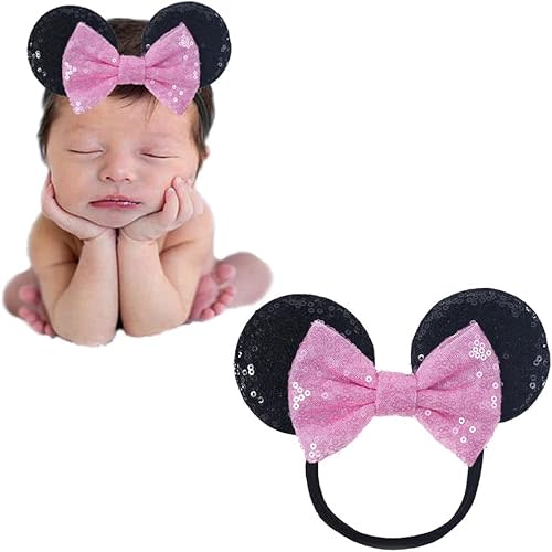 JIAHANG Mouse Ear Nylon Headband with Sequin Bow, Soft Elastic Hair Bow Hair Band, Party Headwear for Baby Girls Newborn Infant Toddlers, kids, Gilrs