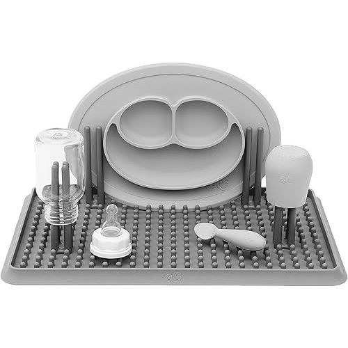 ezpz Drying Rack (Gray) - 100% Silicone Collapsible Dish Drying Rack + Suctions in Place + Adjustable Pegs - Dishwasher Safe - Durable Long-Lasting