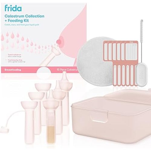 Frida Mom Colostrum Collection Kit, Catch, Store & Feed Breastmilk, Includes 6 Colostrum Collectors, 6 Labels, Cleaning Brush, Cloth & Case, Hospital Bag Ready, Safe Materials, 15pc kit