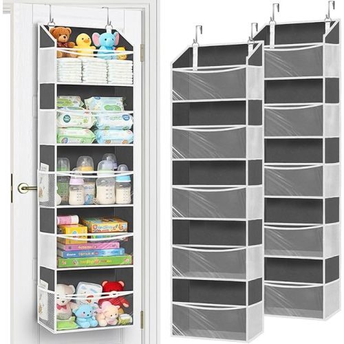 Over The Door Organizer 6 Tiers, Extra Large Behind Door Storage of 12 Compartments, 80 lbs Weight Capacity Hanging Storage Organizer with Clear Window Kids Toys, Shoes, Diapers, Room Storage,Black