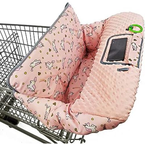 shopping cart cover for babies-high chair cover, dotted minky touching, multi in 1 design, 360 full protection, roll in and go, universal fit, Pink unicorns